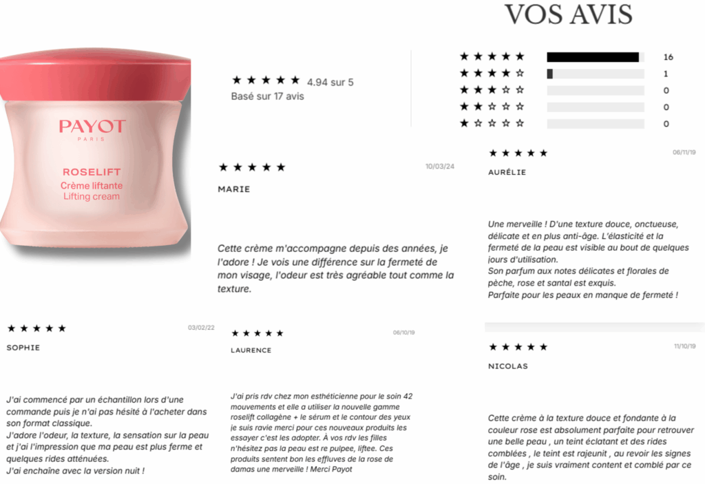 avis des clients sur payot roselift collagène jour