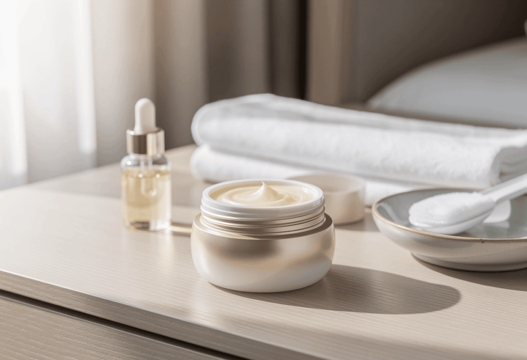 crème anti-âge Shiseido posée sur une coiffeuse moderne