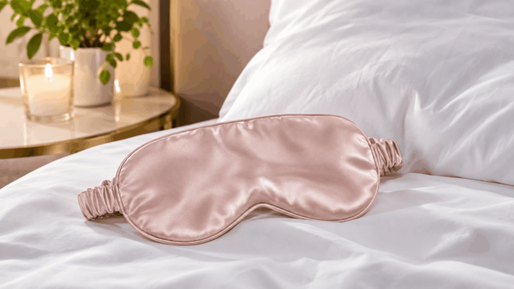 un élégant masque de sommeil en soie posé sur des draps blancs dans une chambre lumineuse et raffinée