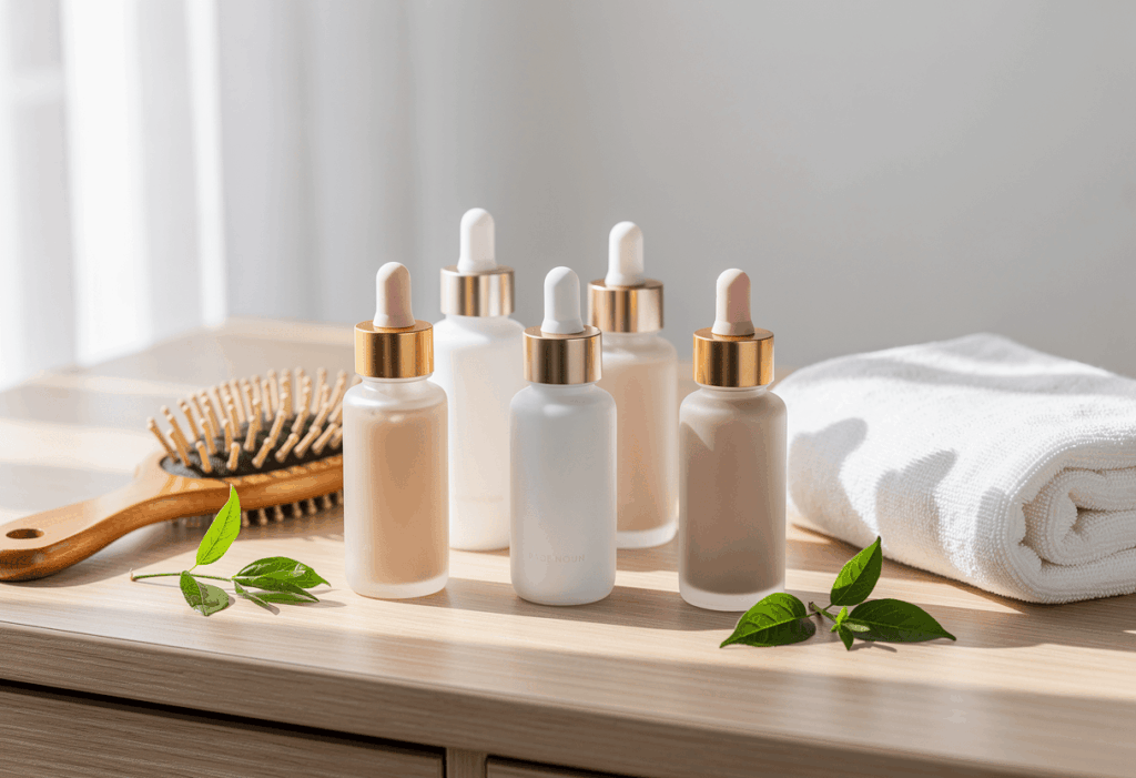 plusieurs flacons de sérums anti-chute pour cheveux élégamment disposés sur une coiffeuse en bois clair avec une brosse en bois