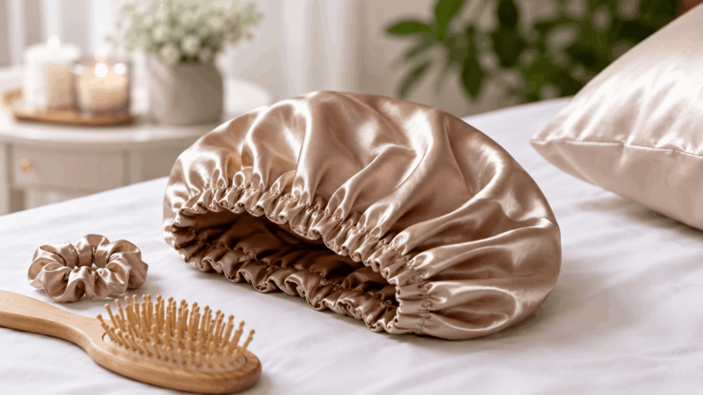 un bonnet de nuit en soie haut de gamme posé soigneusement sur une literie blanche et beige