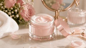 un pot de crème visage premium inspiré d’un soin au collagène posé sur une coiffeuse élégante et lumineuse