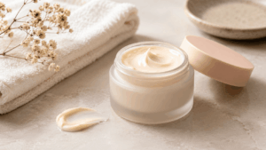 un pot élégant de crème hydratante et apaisante pour le visage, posé sur une surface claire dans un univers de soin haut de gamme