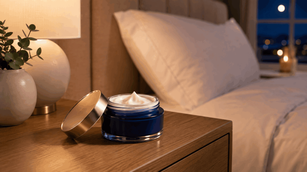 un pot ouvert de crème de nuit haut de gamme, posé sur une table de chevet élégante et minimaliste