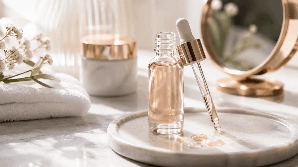 un sérum cosmétique pour le visage dans un flacon élégant avec pipette, posé sur une surface claire et raffinée