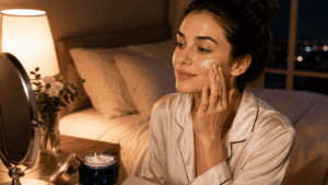 une femme adulte dans une chambre moderne et chaleureuse, le soir, appliquant délicatement une crème de nuit sur son visage avant de se coucher