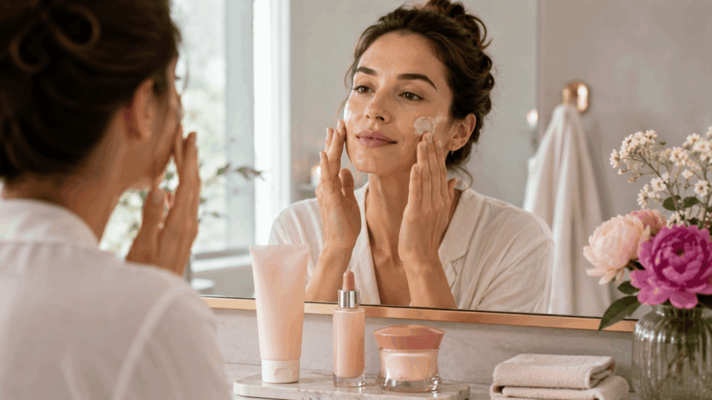 une femme adulte devant le miroir d’une salle de bain lumineuse en train d’appliquer délicatement une crème hydratante Payot sur son visage