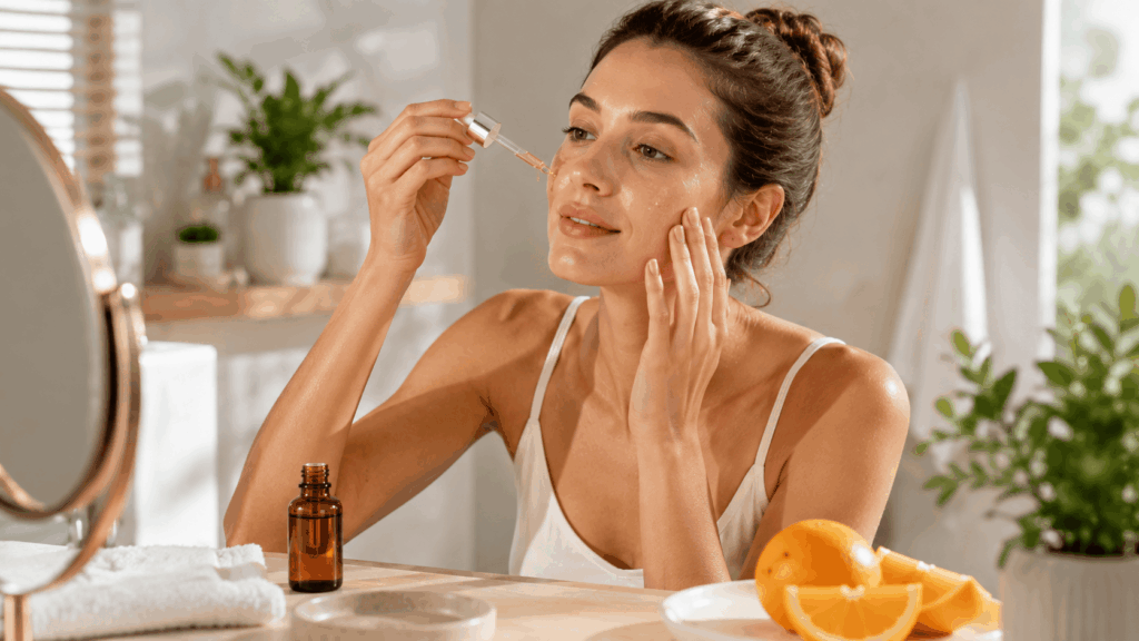une femme adulte devant le miroir d’une salle de bain lumineuse pendant sa routine skincare du matin