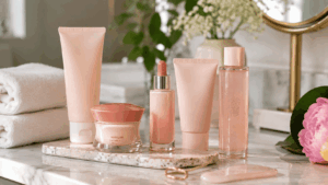 une sélection élégante de soins cosmétiques Payot disposés sur une coiffeuse