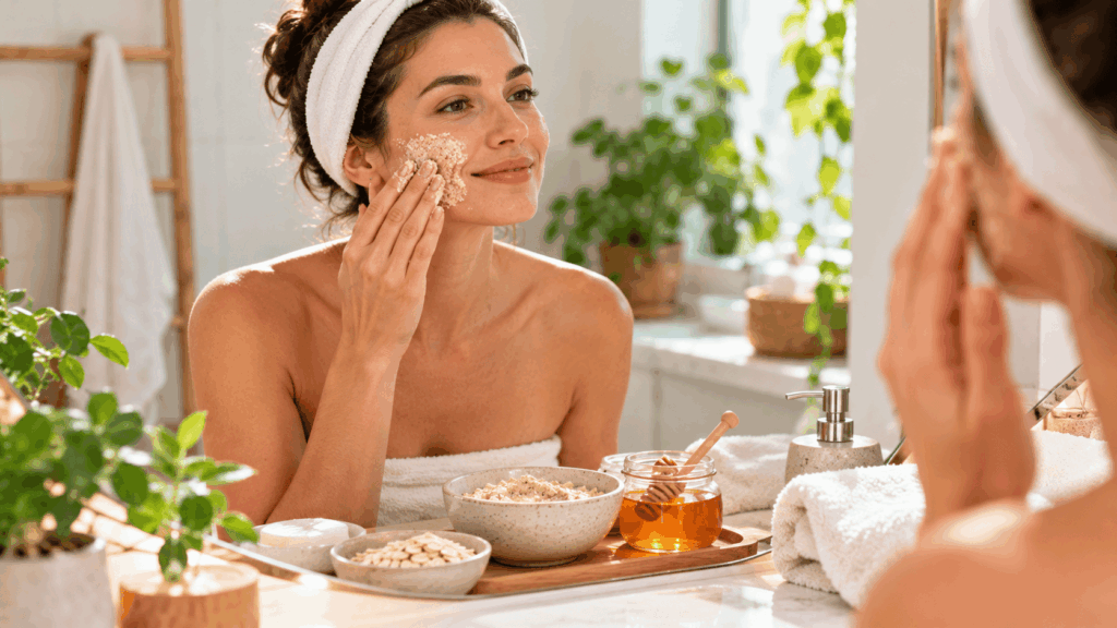 Une femme appliquant l’exfoliant naturel sur son visage