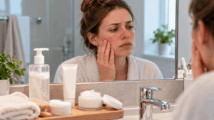 Une femme appliquant une crème sur une peau sujette aux rougeurs