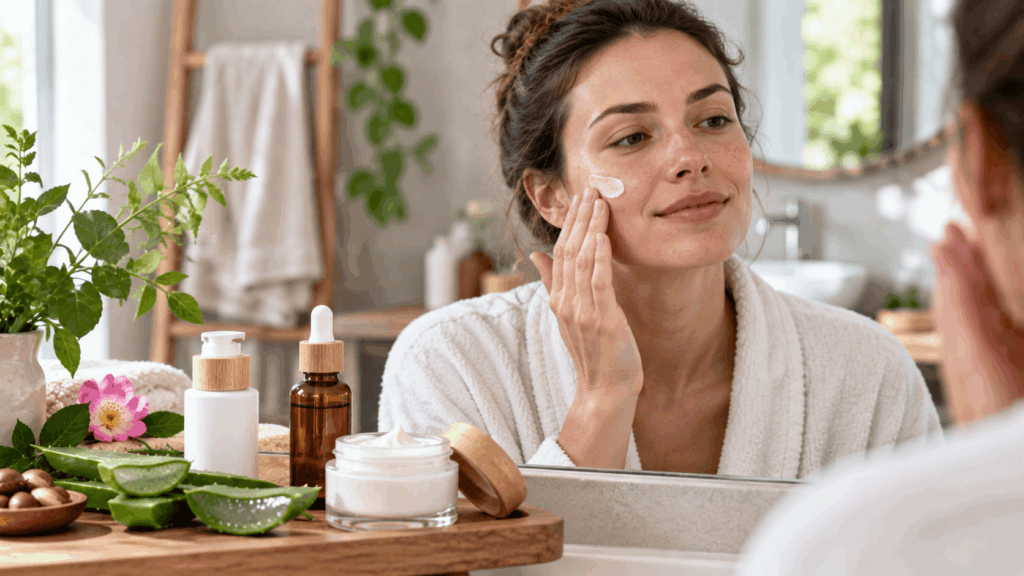 Une femme utilisant une crème bio pour le visage