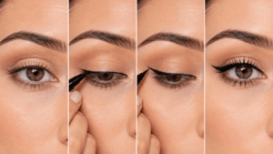 Tutoriel visuel pour réaliser un trait d'eyeliner avec une virgule