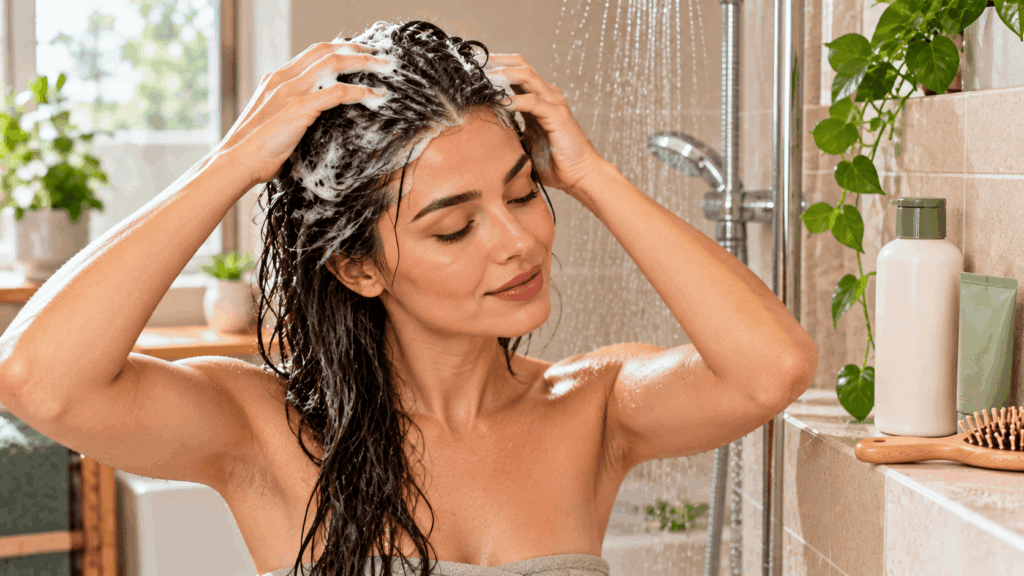 Une femme adoptant une routine douce pour les cheveux gras