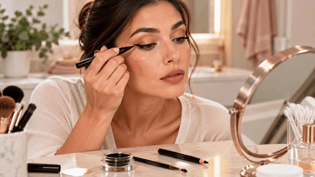 Une femme appliquant de l'eyeliner devant son miroir