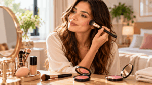 Une femme appliquant du blush sur ses pommettes