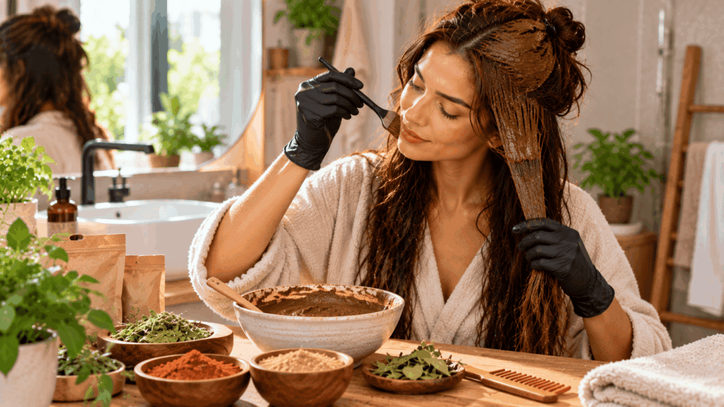 Une femme appliquant une coloration végétale au henné
