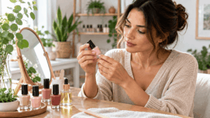 Une femme choisissant un vernis à ongles naturel