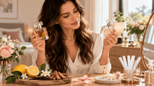 Une femme comparant une eau de parfum et une eau de toilette