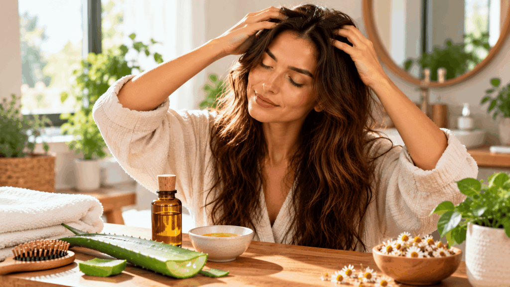 Une femme effectuant un massage doux du cuir chevelu
