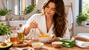 Une femme préparant un masque naturel pour cheveux
